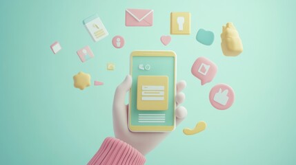 A hand holding a smartphone surrounded by colorful app icons representing digital communication.