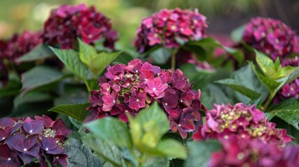 Beautiful blooming red purple hydrangea
