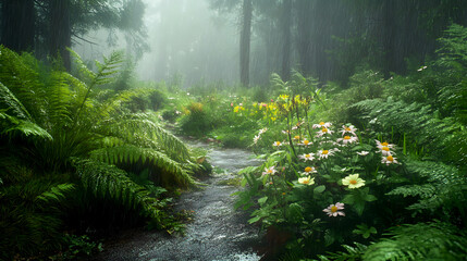 Fototapeta premium Ferns and wildflowers along a wet forest path, the plants glistening in the rain as fog lingers