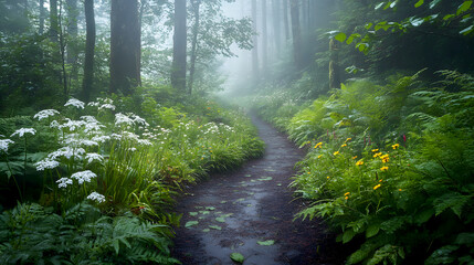 Obraz premium Ferns and wildflowers along a wet forest path, the plants glistening in the rain as fog lingers