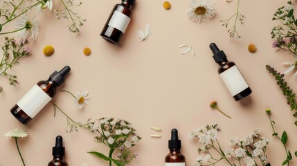 Beauty products for skincare in unbranded mockup bottles on beige background