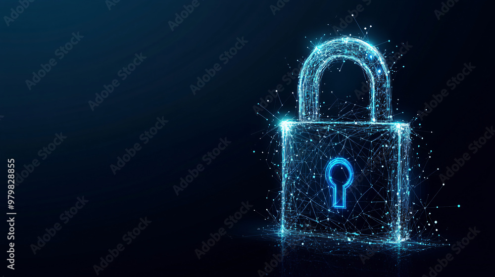Poster glowing padlock made of connecting lines and dots is securing data on the internet