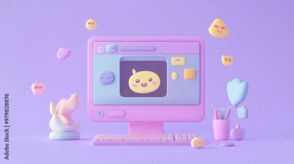 Poster a playful digital workspace featuring a cute character on a pastel computer screen.