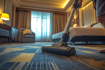 In a luxury hotel, a young woman vacuums carpets in a luxurious room, demonstrating cleanliness and hospitality