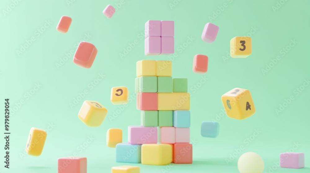 Poster colorful building blocks stacked and floating in a playful arrangement against a pastel background.