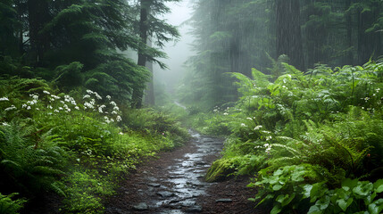 Obraz premium Ferns and wildflowers along a wet forest path, the plants glistening in the rain as fog lingers