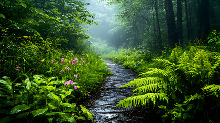 Obraz premium Ferns and wildflowers along a wet forest path, the plants glistening in the rain as fog lingers