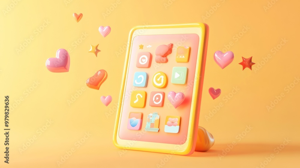 Poster a colorful smartphone mockup with playful icons and floating hearts on a vibrant background.