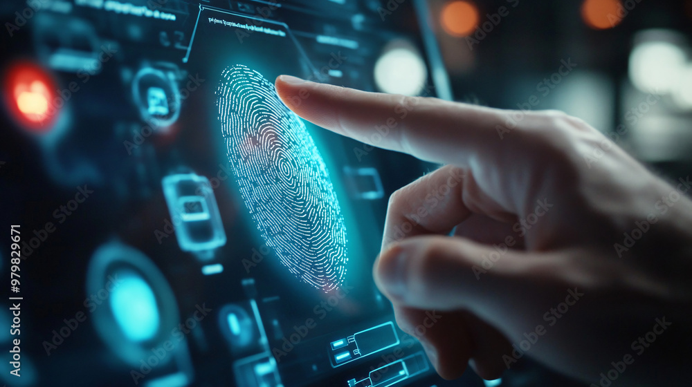 Aufkleber businessman scanning fingerprint on futuristic touchscreen interface with glowing digital data and c