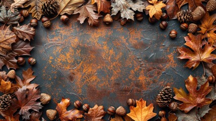 Fototapeta premium A black background with a frame of leaves and nuts