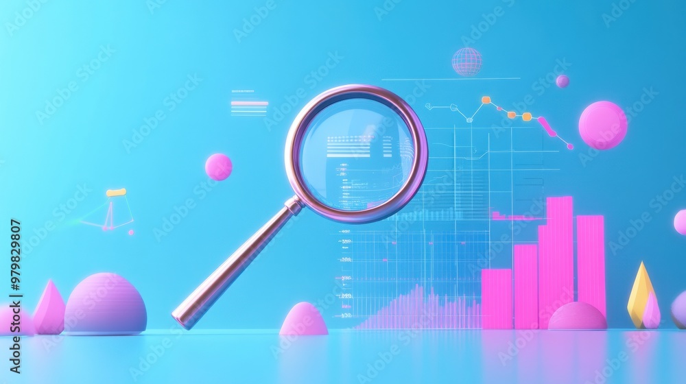 Poster a magnifying glass over colorful data visualizations and graphs.