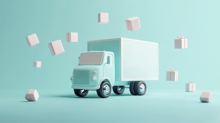A pastel blue delivery truck surrounded by floating gift boxes on a soft background.