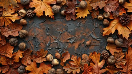 A black background with a frame of leaves and nuts