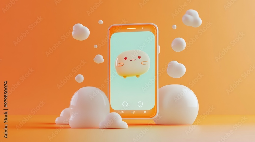 Poster a smartphone displaying a cute character surrounded by playful clouds on an orange background.