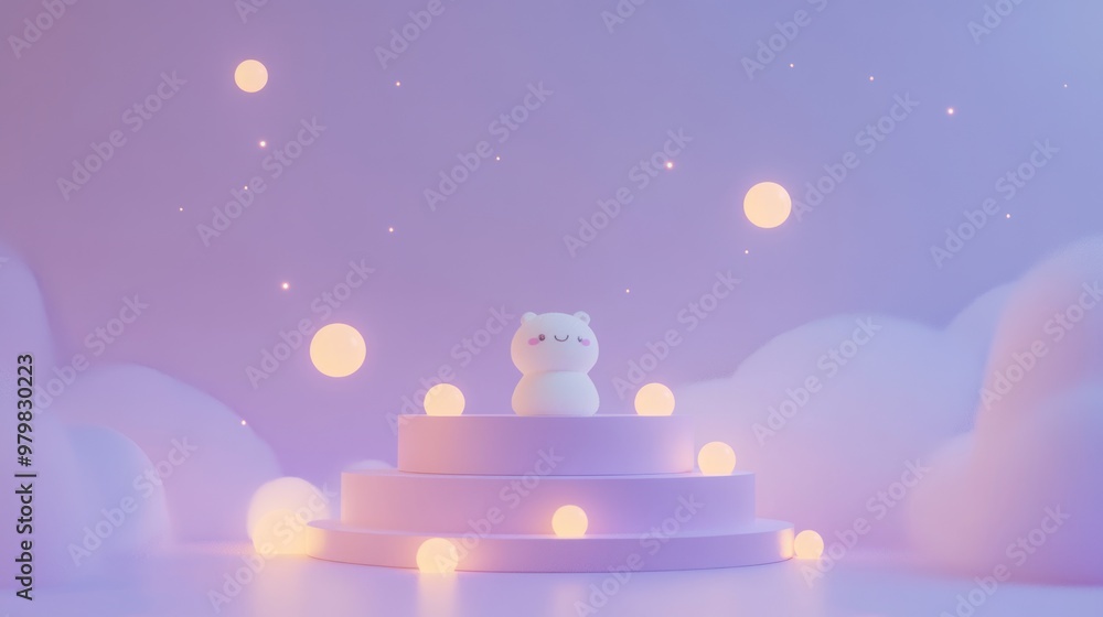 Canvas Prints A cute, minimalistic figure on a pedestal surrounded by soft lights and clouds.