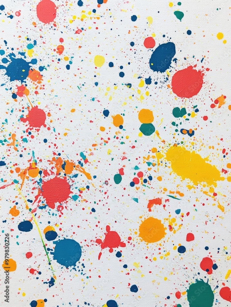 Poster acrylic paint splatters on a white canvas with random yet beautiful patterns