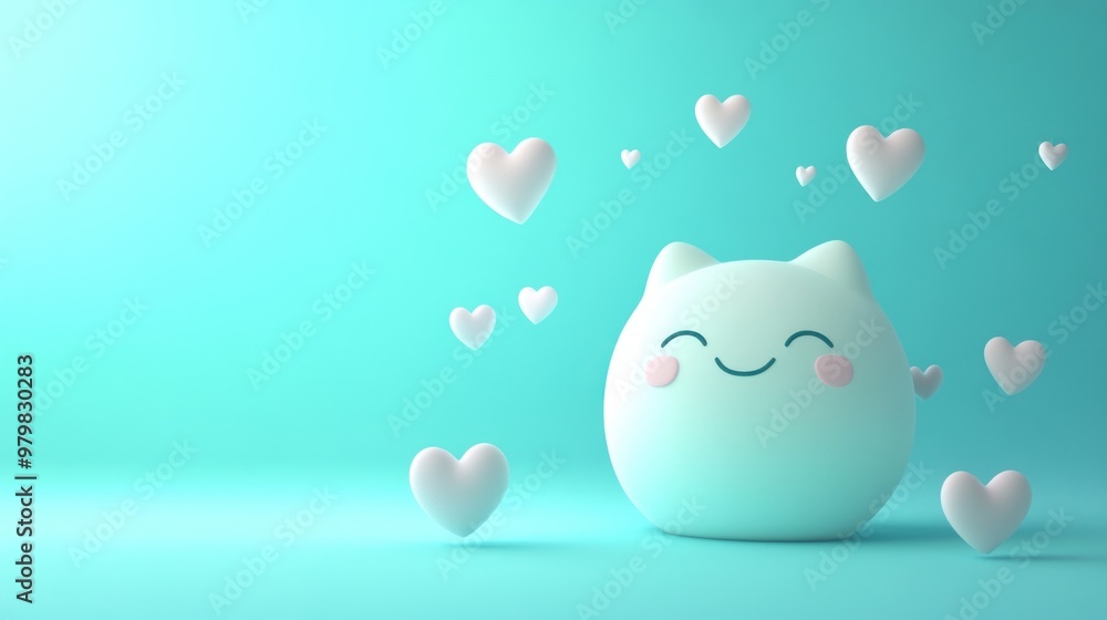 Sticker A cute, smiling cat-like figure surrounded by floating hearts on a soft turquoise background.