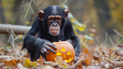 Chimpanzee during the halloween holiday with a beautiful outdoor