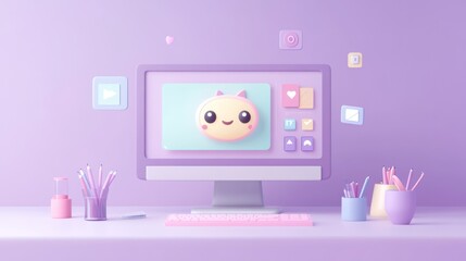 A cute, pastel-themed computer setup featuring a friendly cartoon character on the screen.