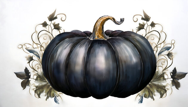  Watercolor Halloween black Victorian pumpkin &ndash; A dark, Victorian-style watercolor pumpkin d_1(473)