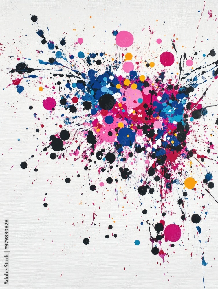 Poster acrylic paint splatters on a white canvas with random yet beautiful patterns