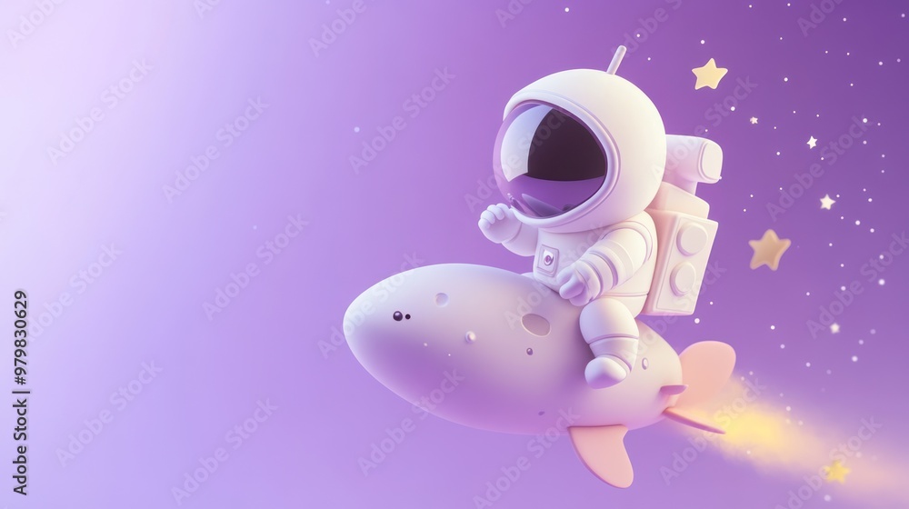 Wall mural A cute astronaut rides a whimsical rocket in a starry, purple space background.