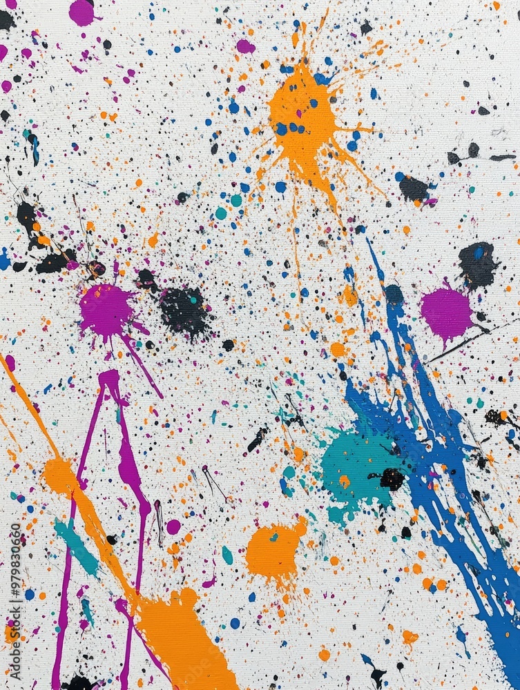 Poster acrylic paint splatters on a white canvas with random yet beautiful patterns
