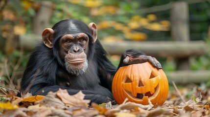 Chimpanzee during the halloween holiday with a beautiful outdoor