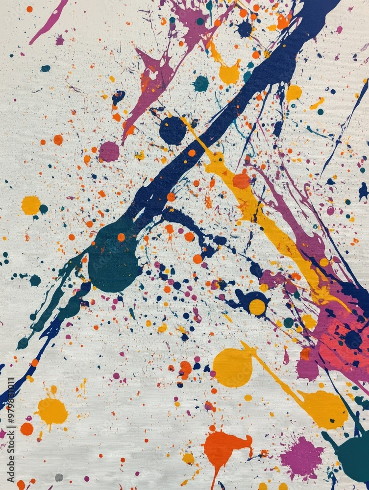Poster acrylic paint splatters on a white canvas with random yet beautiful patterns
