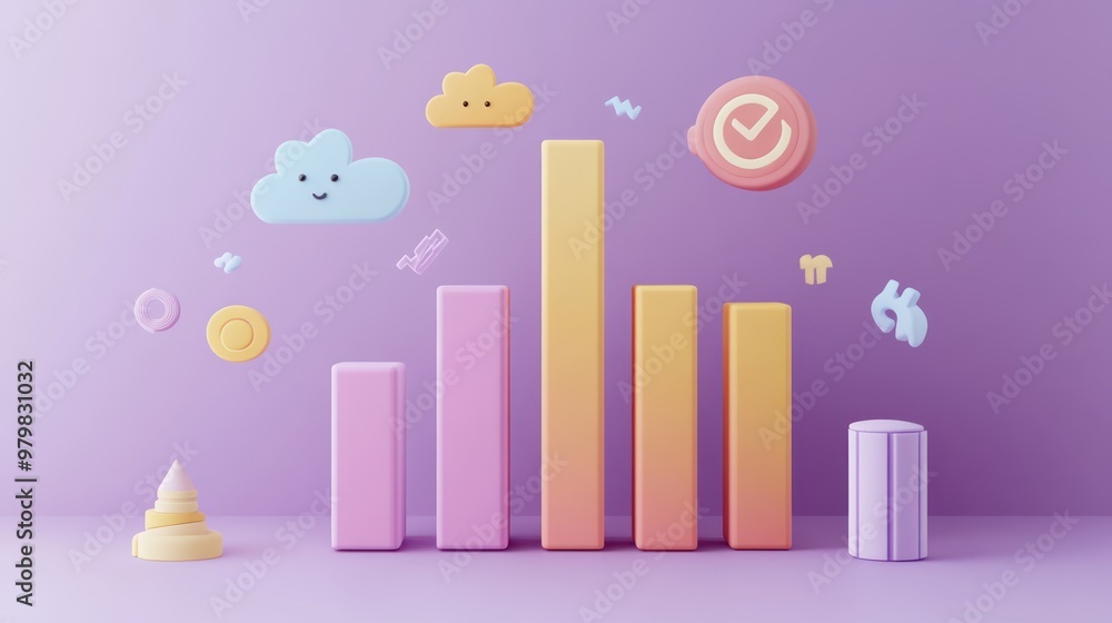 Aufkleber a colorful bar graph with playful icons, representing data visualization in a cheerful style.