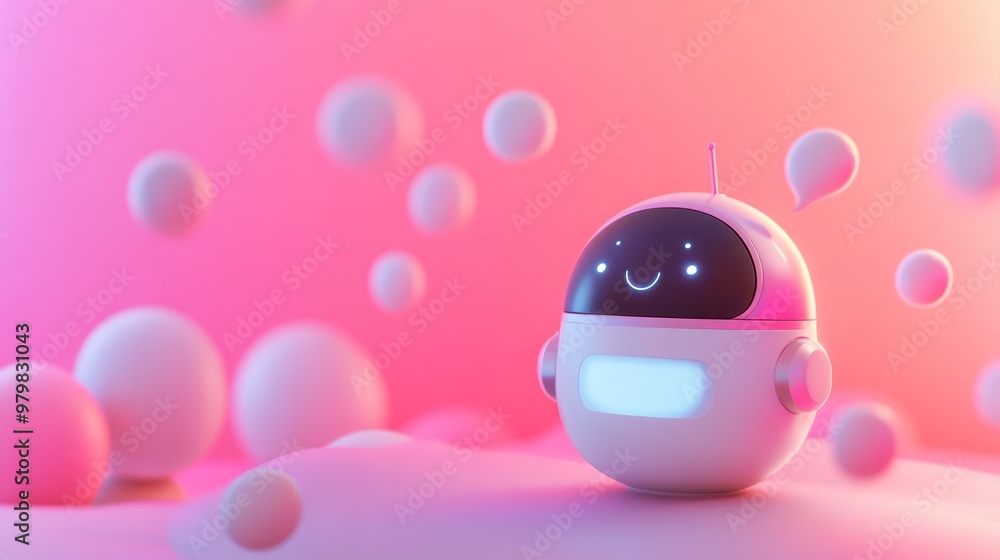 Poster a cheerful robot character in a vibrant, whimsical environment with soft shapes and colors.