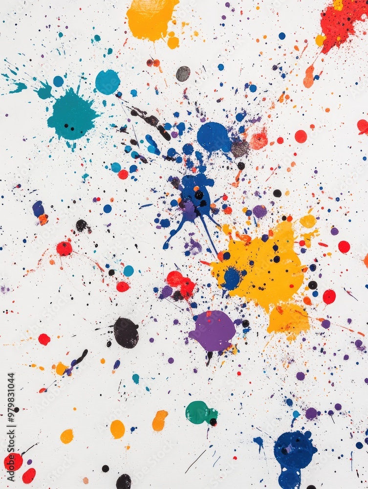 Poster acrylic paint splatters on a white canvas with random yet beautiful patterns
