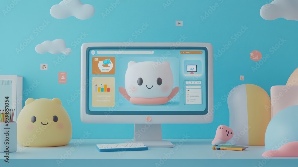 Poster a colorful workspace featuring cute characters on a computer screen and playful decor.