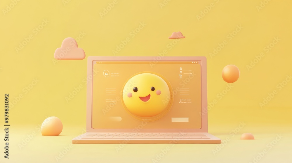 Poster a cheerful, 3d computer screen with a smiling sun character against a soft yellow background.