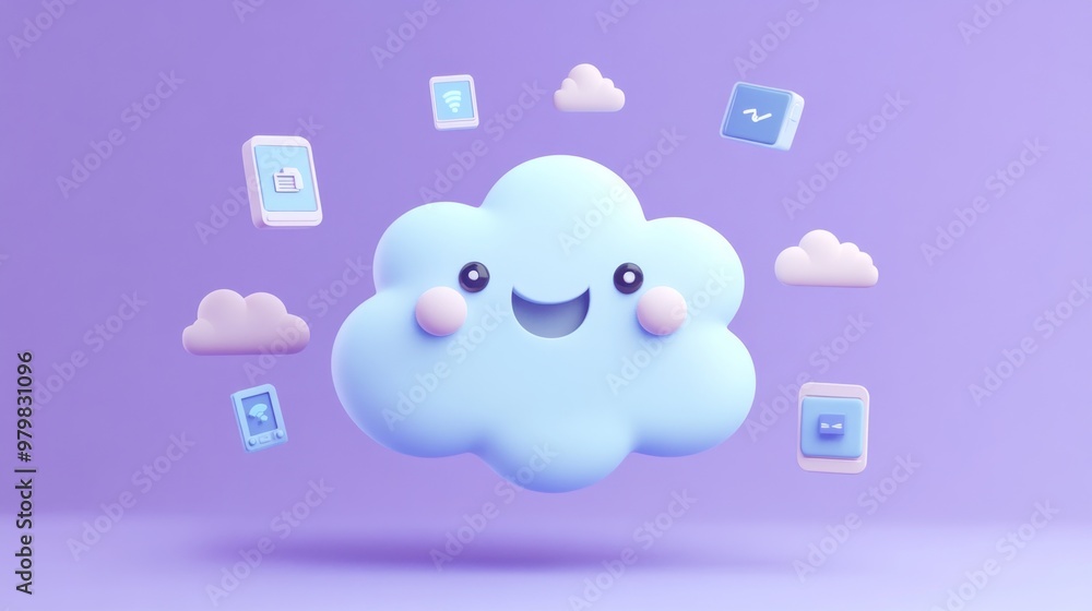 Poster a cheerful 3d cloud character surrounded by icons representing digital concepts.