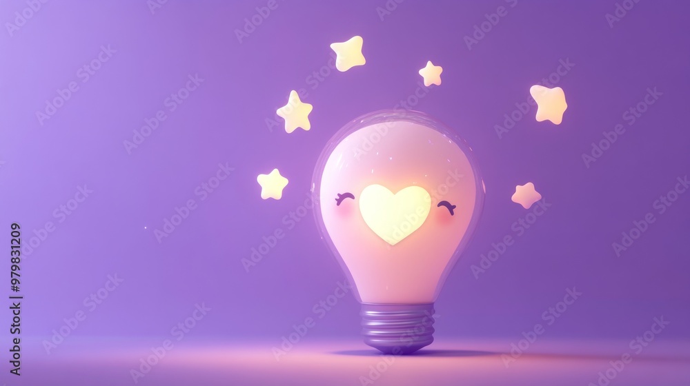 Wall mural A whimsical light bulb with a heart and stars, symbolizing creativity and positivity.