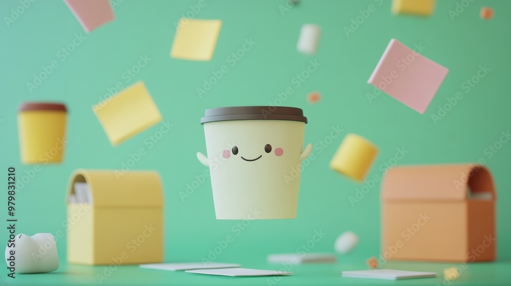 Poster A cheerful animated coffee cup surrounded by colorful objects in a playful setting.