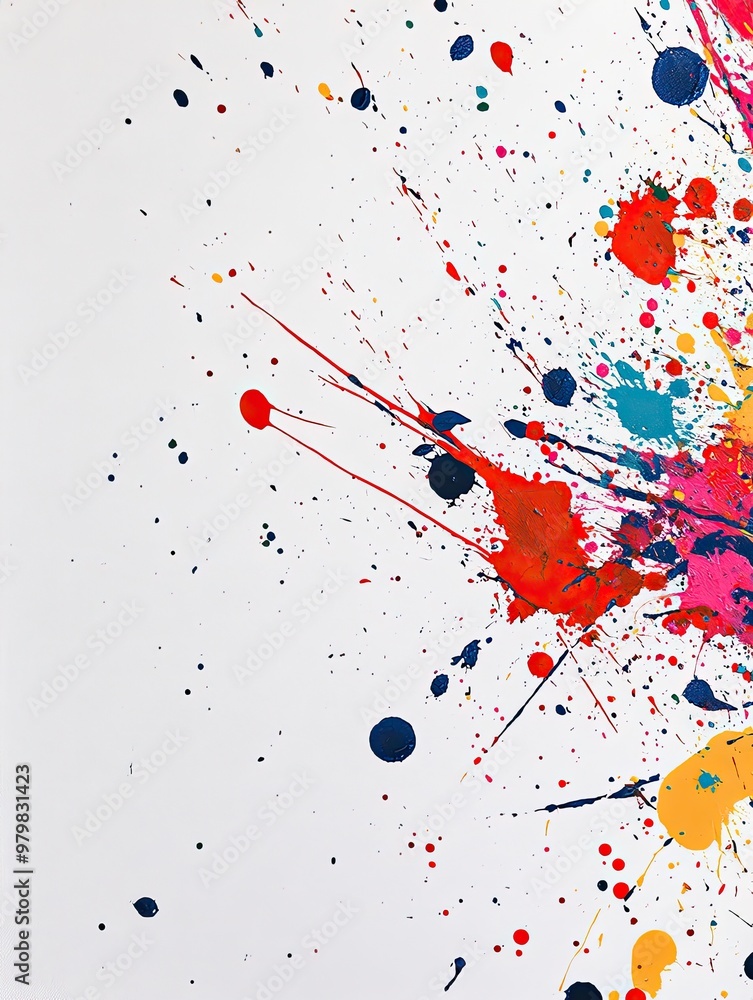 Poster acrylic paint splatters on a white canvas with random yet beautiful patterns
