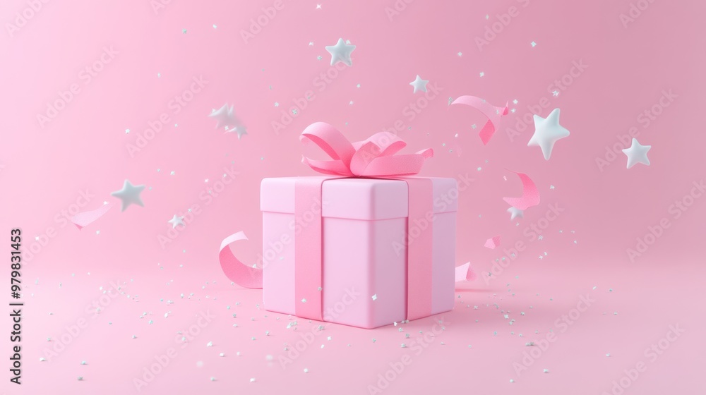 Canvas Prints A pink gift box with a bow, surrounded by stars and confetti, celebrating joy and surprise.