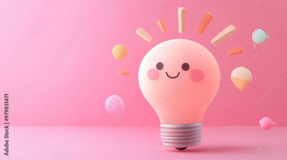 Poster a cute light bulb character with a smiling face and colorful elements on a pink background.