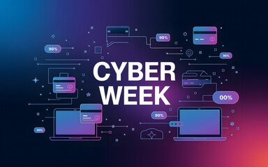 Cyber Week Dynamic Background with Floating Shopping Icons and Discounts , Generative-AI