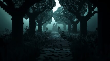 Digital Nightmare: Sinister 3D Cube Landscape with Haunted Forest Path and Pixelated Creatures Watching