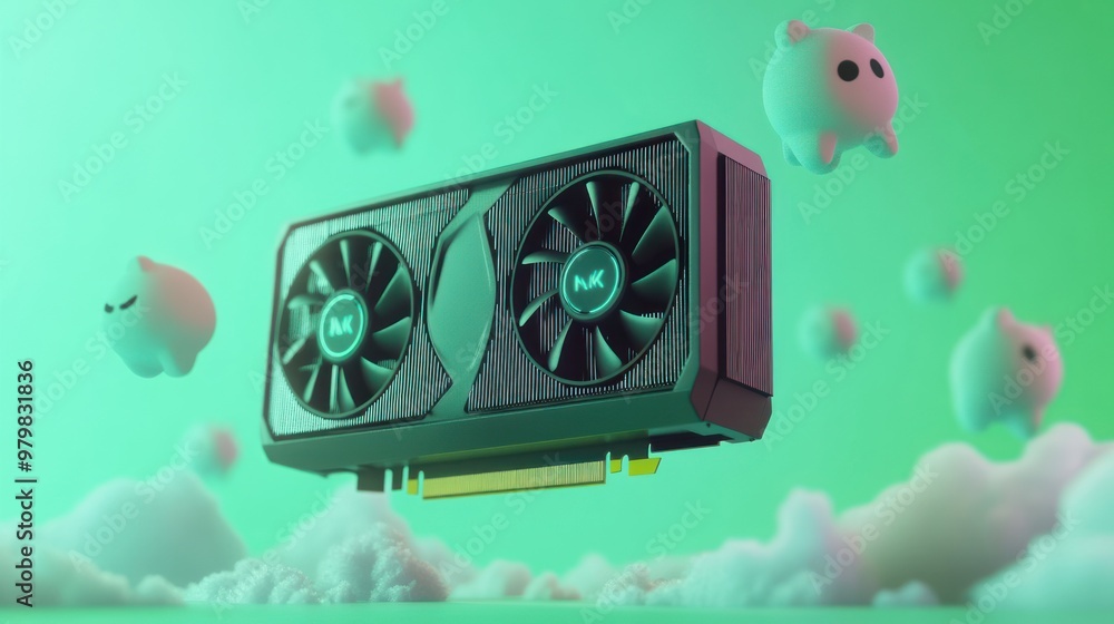 Poster a stylized graphics card floating in a surreal environment with whimsical elements.