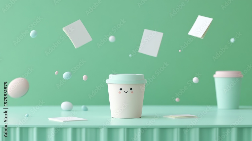 Poster a whimsical scene featuring a smiling coffee cup and playful floating objects in pastel colors.