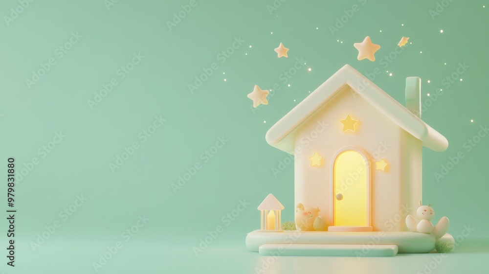 Wall mural A whimsical pastel house with glowing door and playful decorations, evoking a cozy atmosphere.