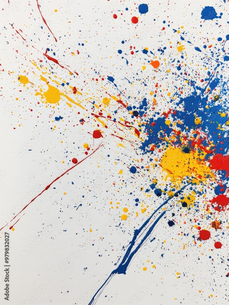 Poster acrylic paint splatters on a white canvas with random yet beautiful patterns