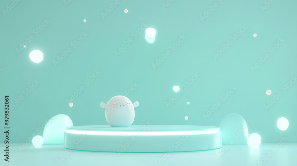 Poster A cute, minimalistic character stands on a glowing platform against a soft turquoise background.