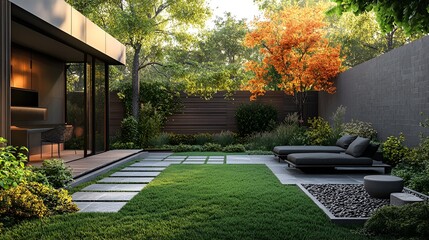Obraz premium Gravel pathway in a minimalist backyard surrounded by geometric pavers and greenery
