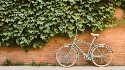 Fototapeta premium Green Bicycle Against Brick Wall with Vines