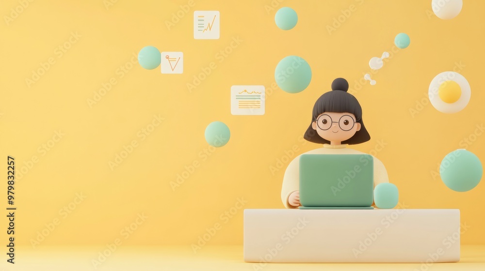 Poster a 3d character working on a laptop with data visualizations in a colorful environment.